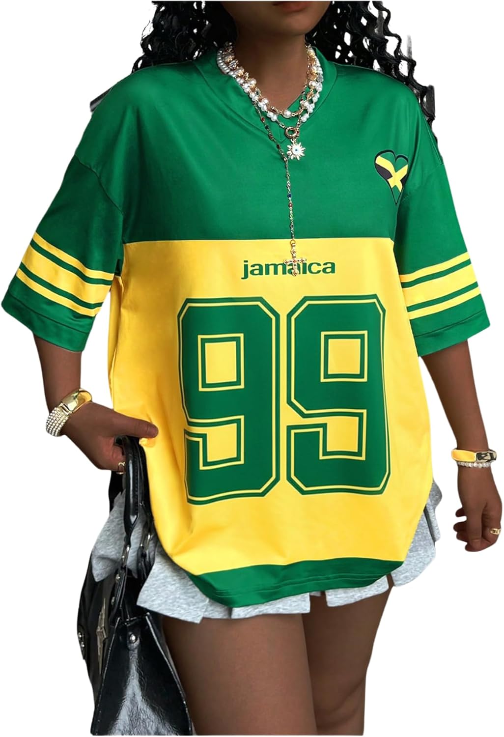 Women's Y2k Jamaica Jersey Shirt Number Graphic Tees V Neck Half Sleeve Oversized Summer Tops Streetwear