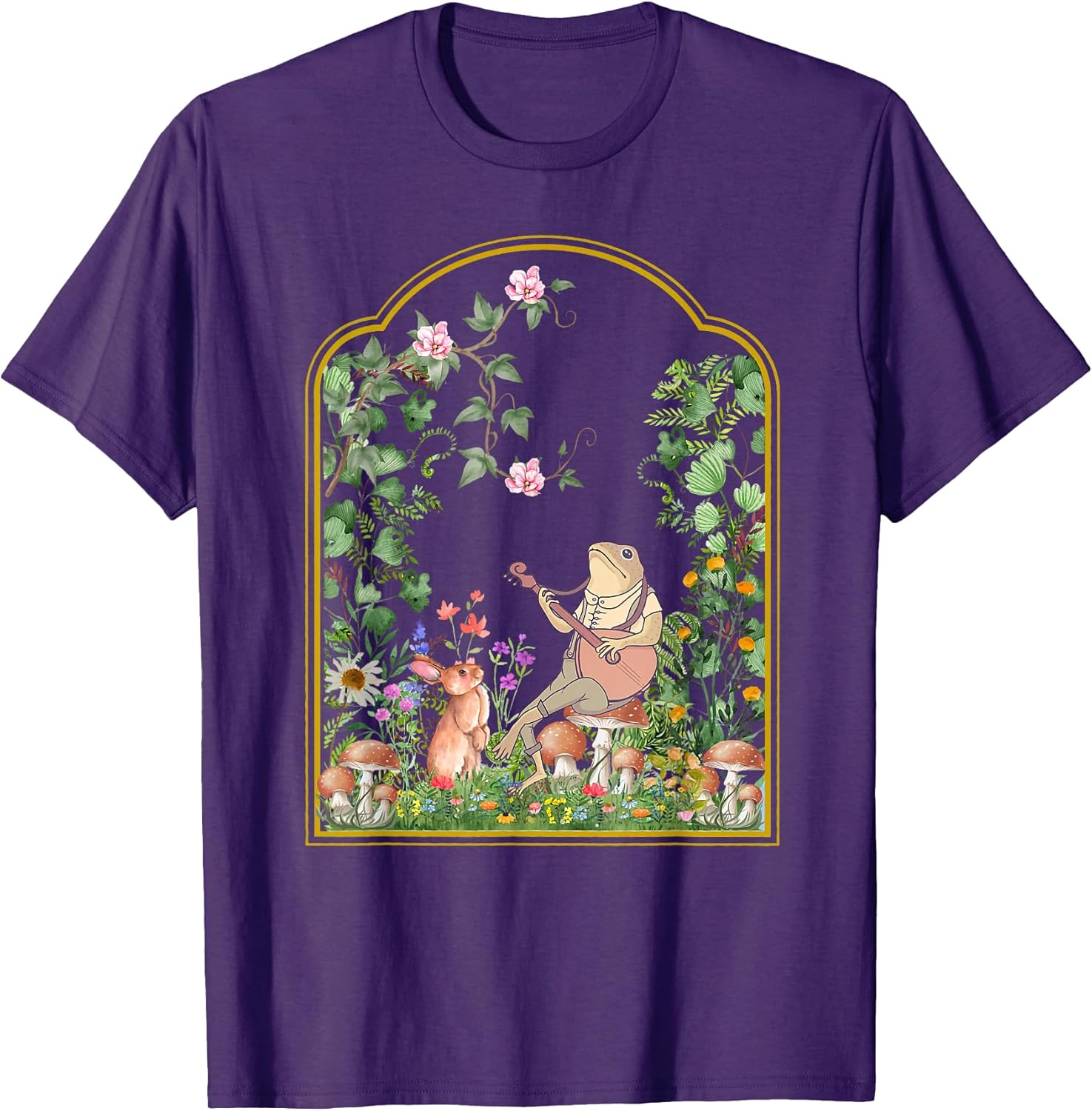 Cottagecore Aesthetic Frog Playing Banjo on Mushroom Rabbit T-Shirt