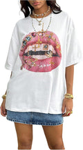 Women's Y2K Lip Graphic Tees Crew Neck Half Sleeve Oversized T Shirts Streetwear Tops