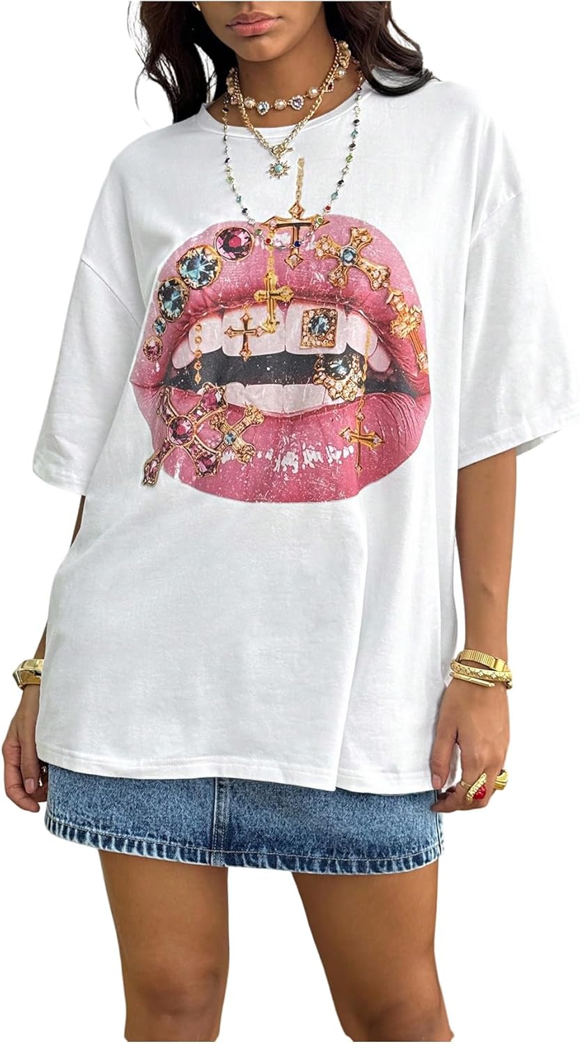 Women's Y2K Lip Graphic Tees Crew Neck Half Sleeve Oversized T Shirts Streetwear Tops