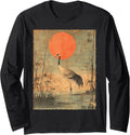 Vintage Crane and Red Sun Vintage Japanese Woodblock Art Long Sleeve T-Shirt