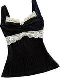 Women Coquette Grunge Tank Tops Vintage Aesthetic Lace Trim Camisole Ribbed Knit Slim Fit Fairy Shirt Clothes