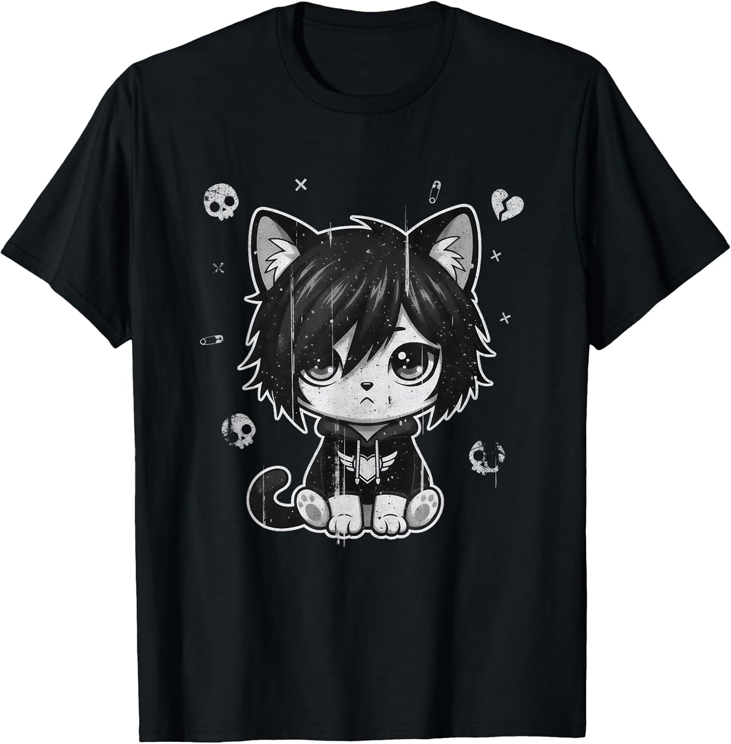 Goth Girl Emo Gothic Cat, Punk Dark Music, Grunge Cute Kitty T-Shirt