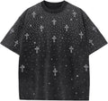 Mens Gothic Cross Rhinestone Shirt Sparkly Glitter Y2k Punk Grunge Streetwear Vintage Graphic Acid Wash Baggy Tees