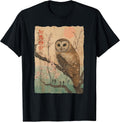 Wise Owl and Cherry Blossoms Tree Japanese Woodblock Art T-Shirt