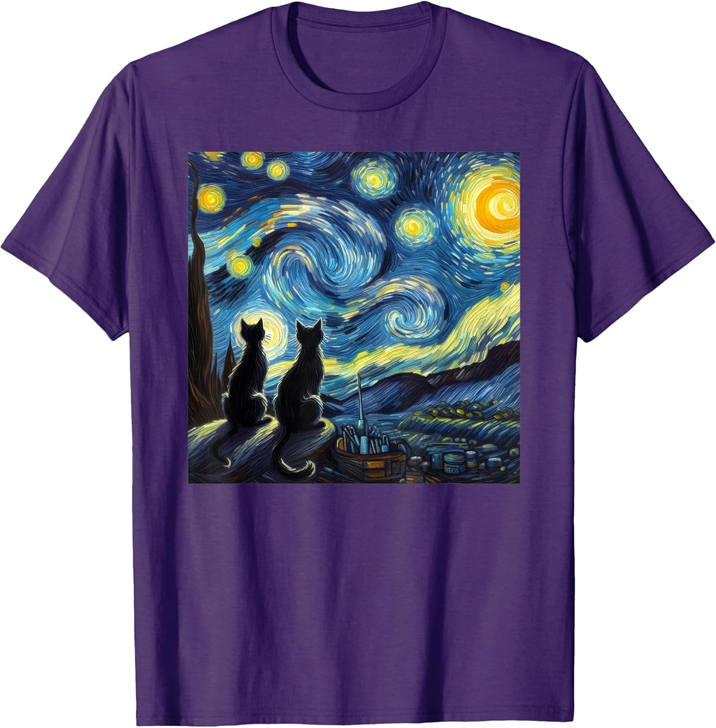 Black Cats Lover Starry Night Van Gogh T-Shirt