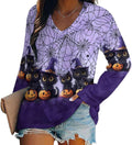 Halloween Shirts for Women Casual V Neck Long Sleeve Graphic Tees Cat Print Tunic Blouses Loose Pullover Fall Tops