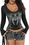 Women's Graphic Tees Y2k Gothic T Shirt V Neck Long Sleeve Fitted Vintage Streetwear Going Out Tops