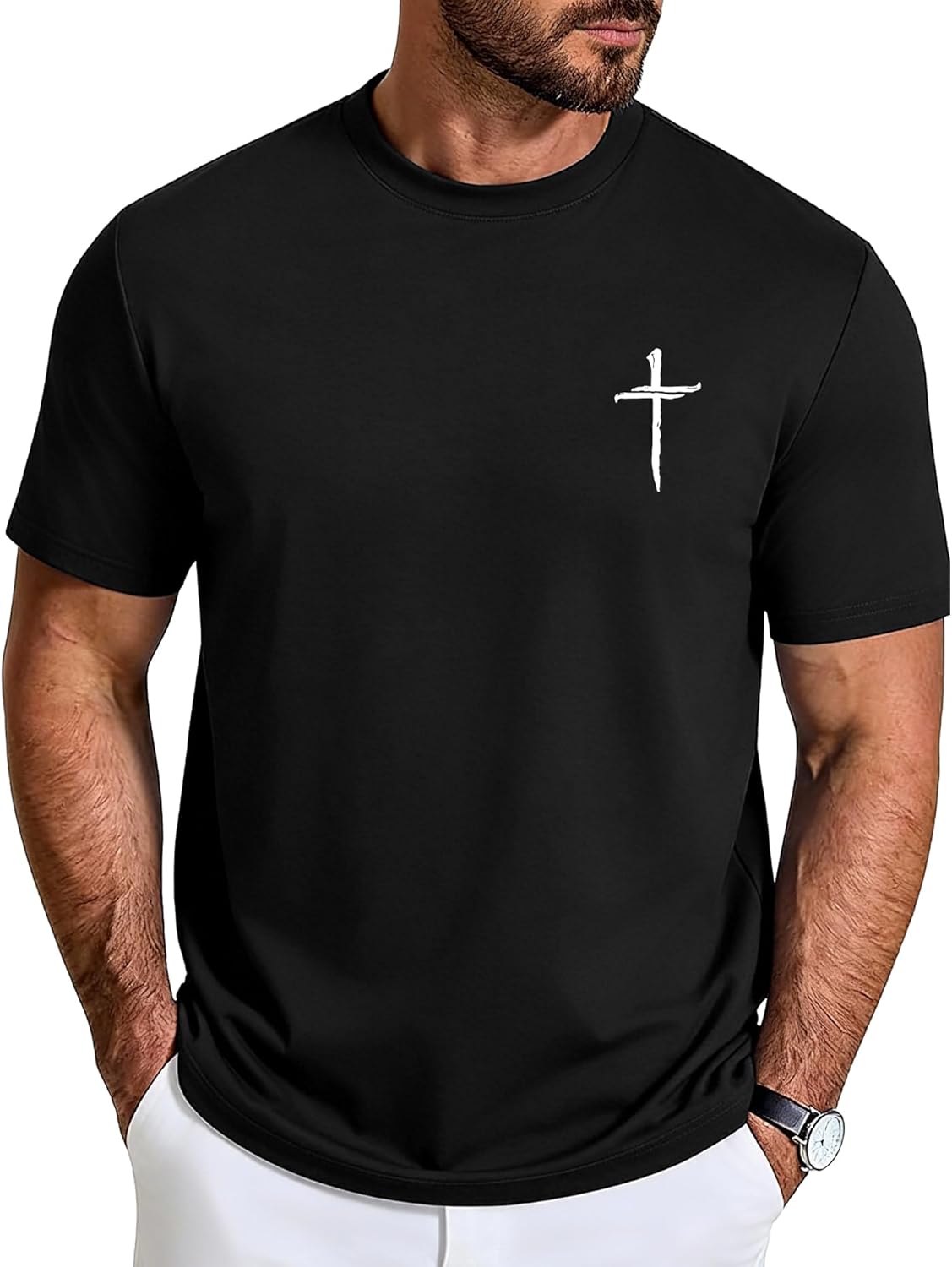 Mens Christian Cross T Shirt Slim Fit Lightweight Crew Neck Short Sleeve Faith Tee Minimalist Church Casual