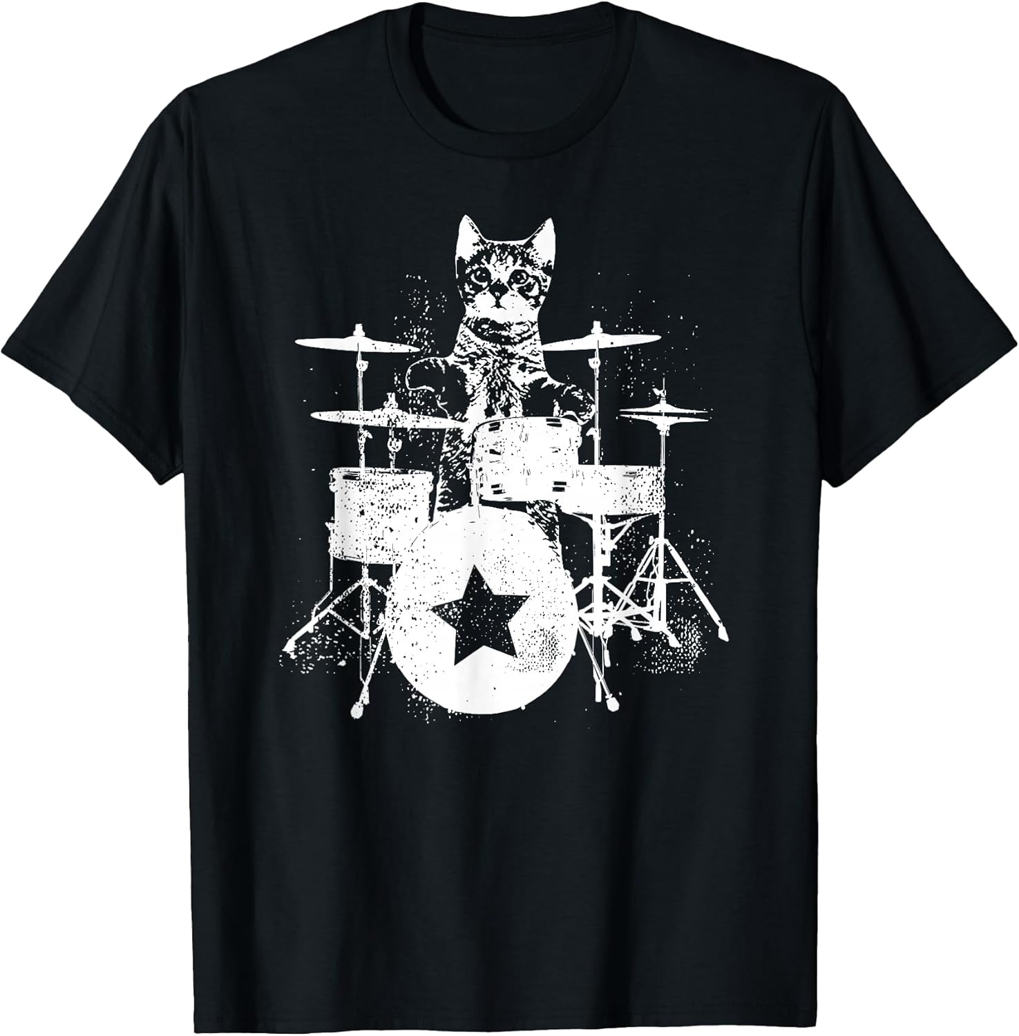 Punk Rockstar Kitten Kitty Cat Drummer Playing Drums Graphic T-Shirt Small