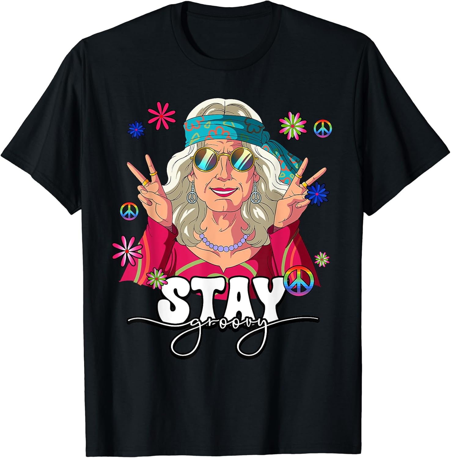 60s 70s Costume Stay Groovy Hippie Old Woman T-Shirt