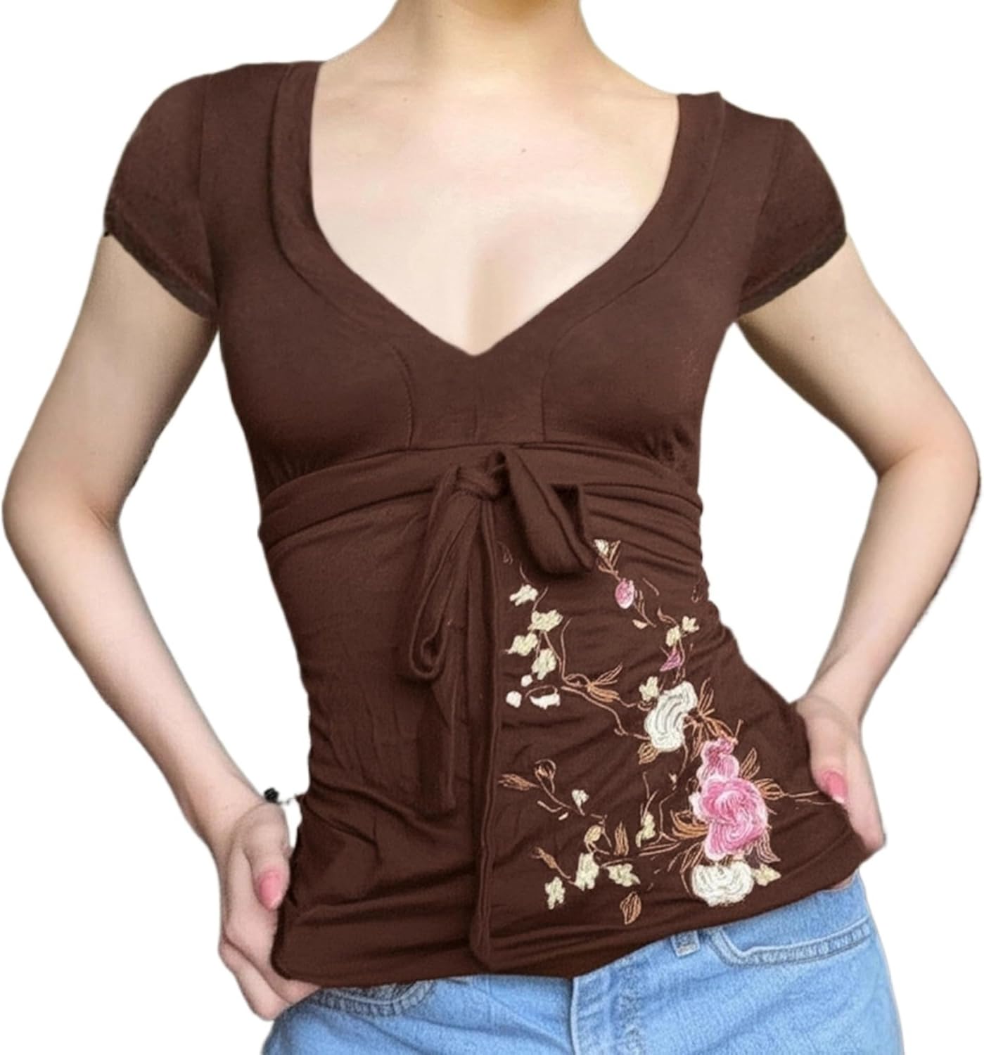Fairy Grunge Cottagecore Top 2000s Mcbling Graphic Teen Girls Clothes Y2k V Neck Floral Whimsy Twee Shirt Women