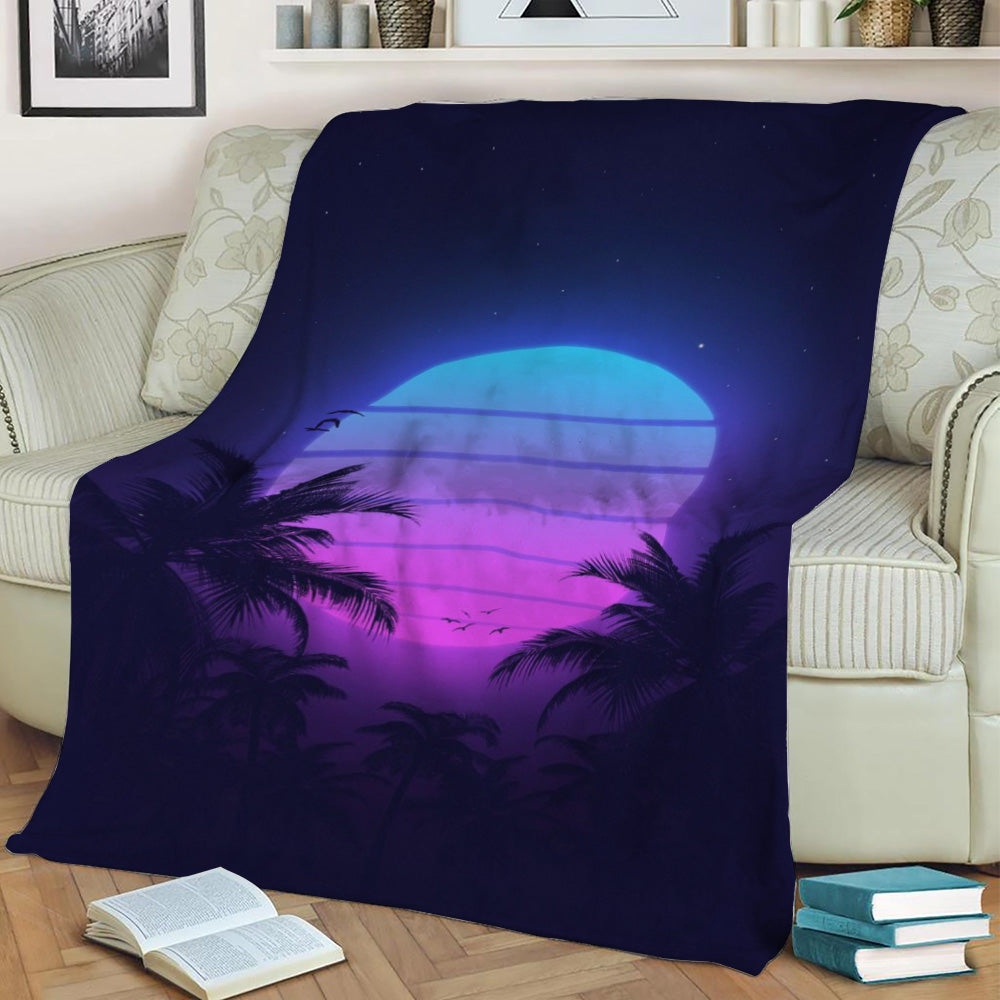 80s Vaporwave Palm Fleece Throw Blanket