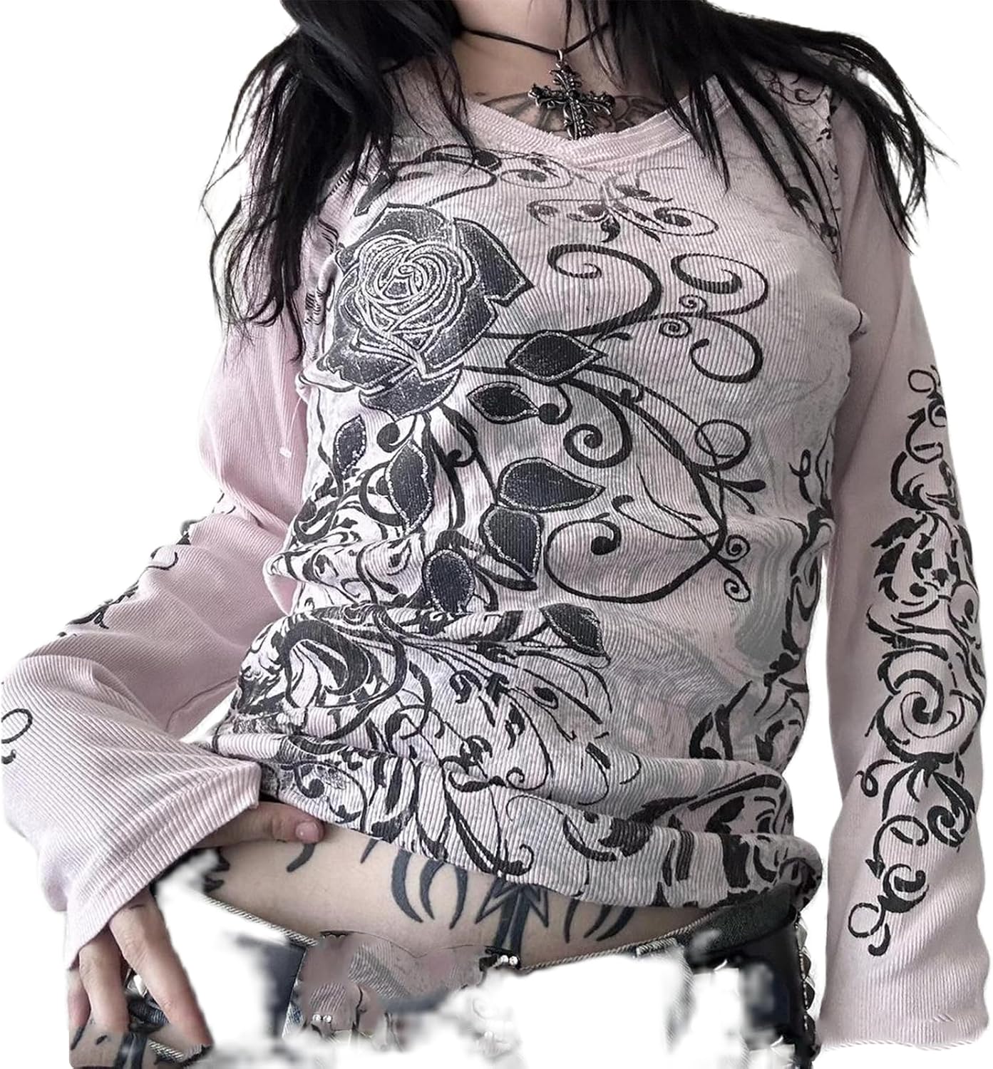 Women Y2K Fairy Grunge T Shirts Ribbed Knit Punk Gothic Slim Fit Long Sleeve Tee Top Vintage Graphic Print Pullover