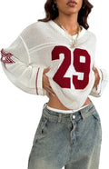 Women's Y2k Tops Jersey Shirts Oversized Crochet Graphic Going Out Tops V Neck Pullover Sweater Streetwear