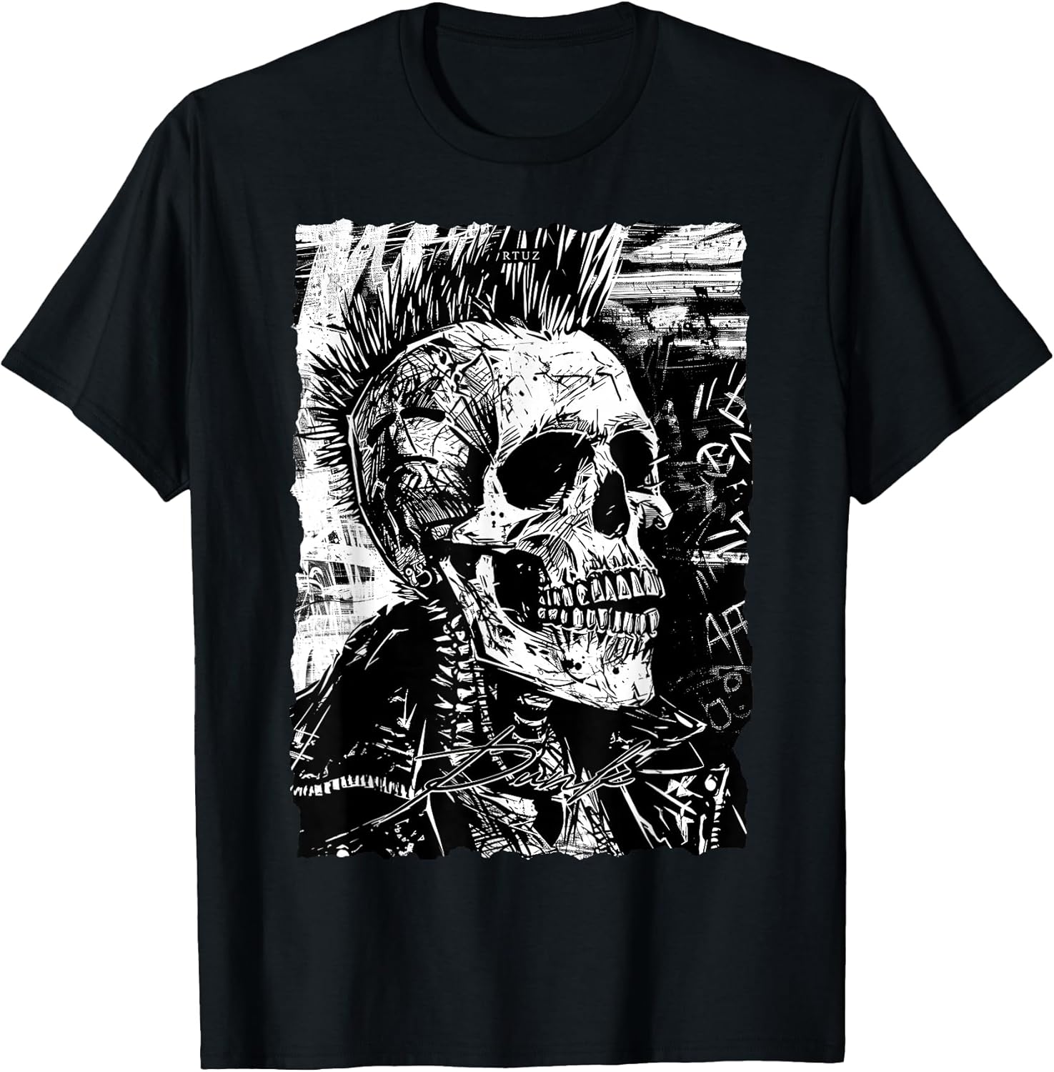 Vintage Graffiti Biker Rocker Skeleton Punk Horror Skull T-Shirt