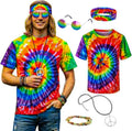 Hippie Costume for Men Momen 60s 70s Colorful T-Shirt 5 PCS Accessories Set for Theme Party