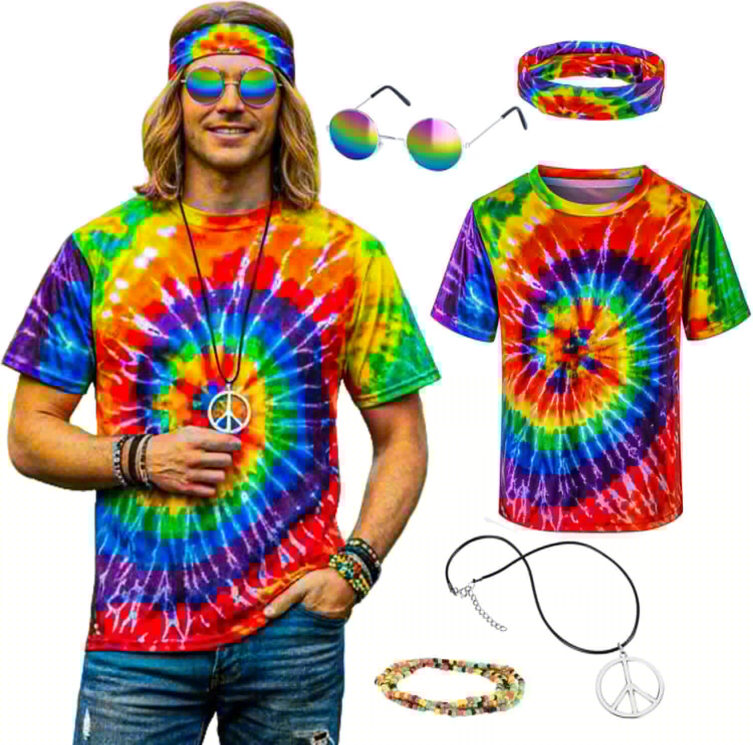 Hippie Costume for Men Momen 60s 70s Colorful T-Shirt 5 PCS Accessories Set for Theme Party