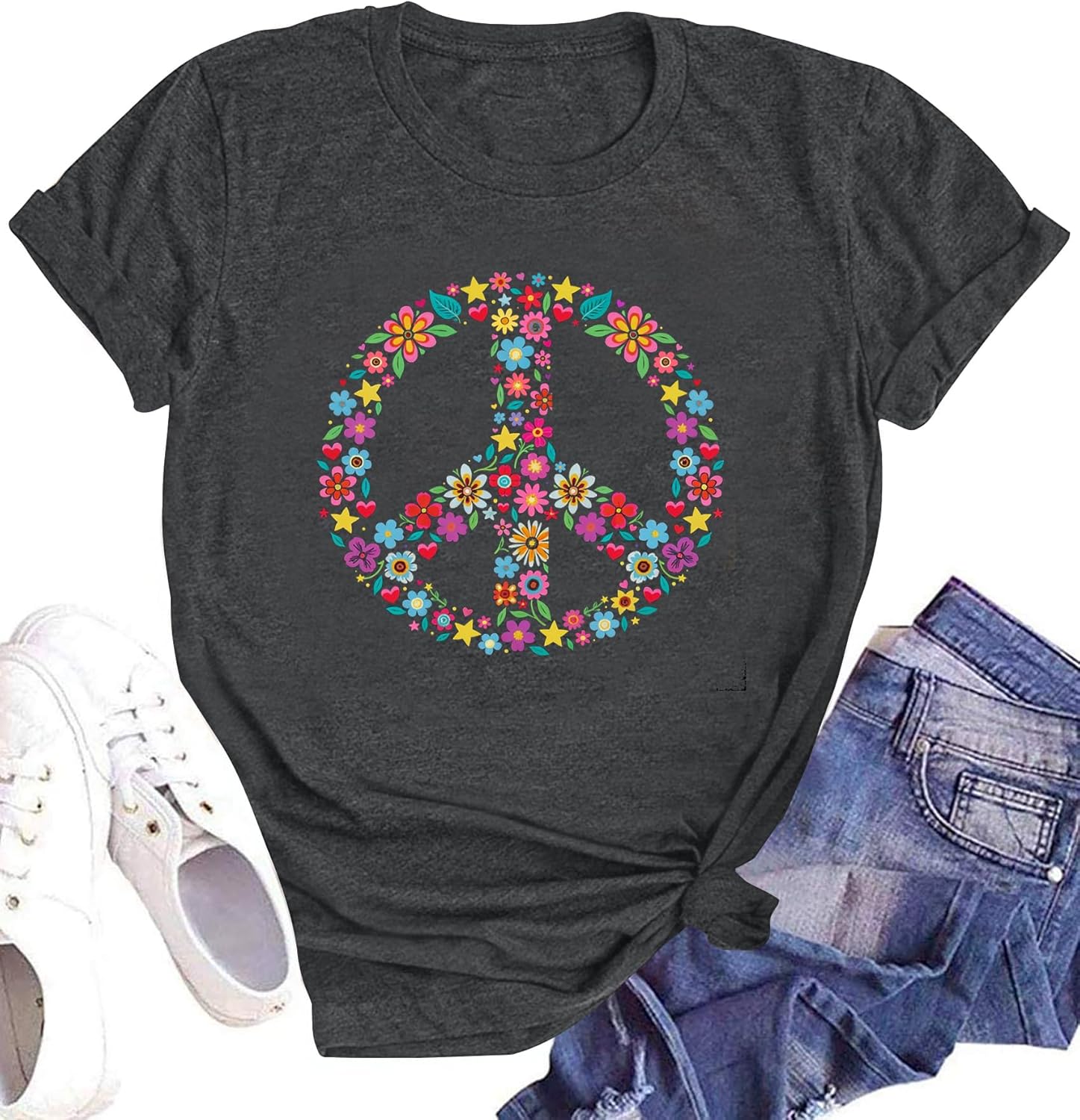 Peace Sign Shirts for Women 60s 70s Flower Hippie Tshirt Inspirational Casual Short Sleeve Tee Tops