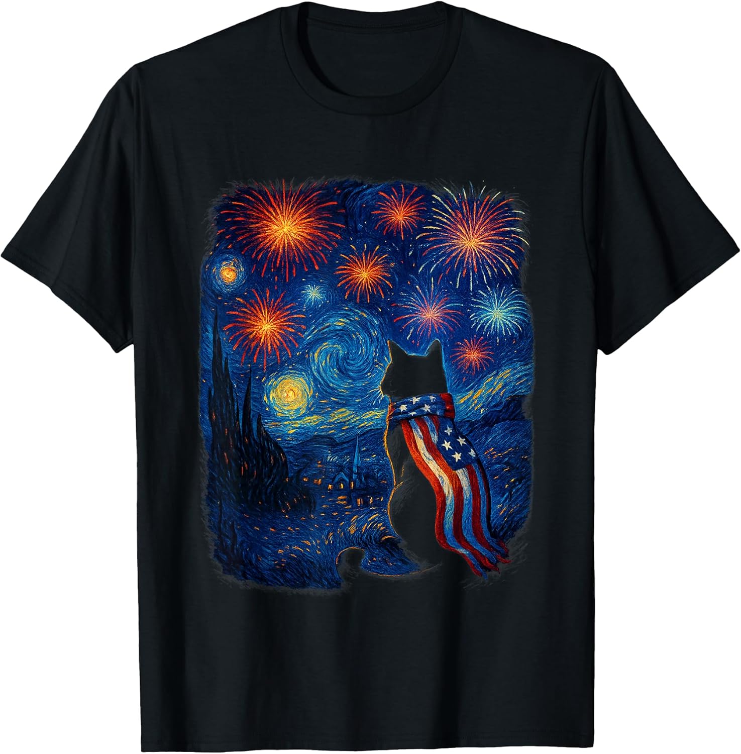 Cat Starry Night Van Gogh 4th of July Patriotic Cat Lover T-Shirt