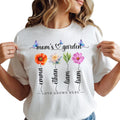 Custom Mom or Grandma T-Shirt with Child's Name, Personalized Flower Print Name T-Shirt, for Mom or Grandma, Women, Mammy, Nana, Flowers According to Birth Month
