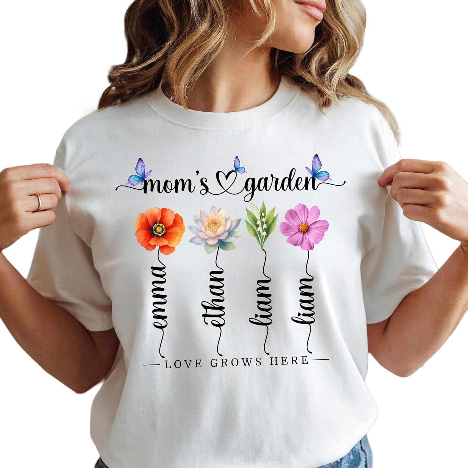 Custom Mom or Grandma T-Shirt with Child's Name, Personalized Flower Print Name T-Shirt, for Mom or Grandma, Women, Mammy, Nana, Flowers According to Birth Month