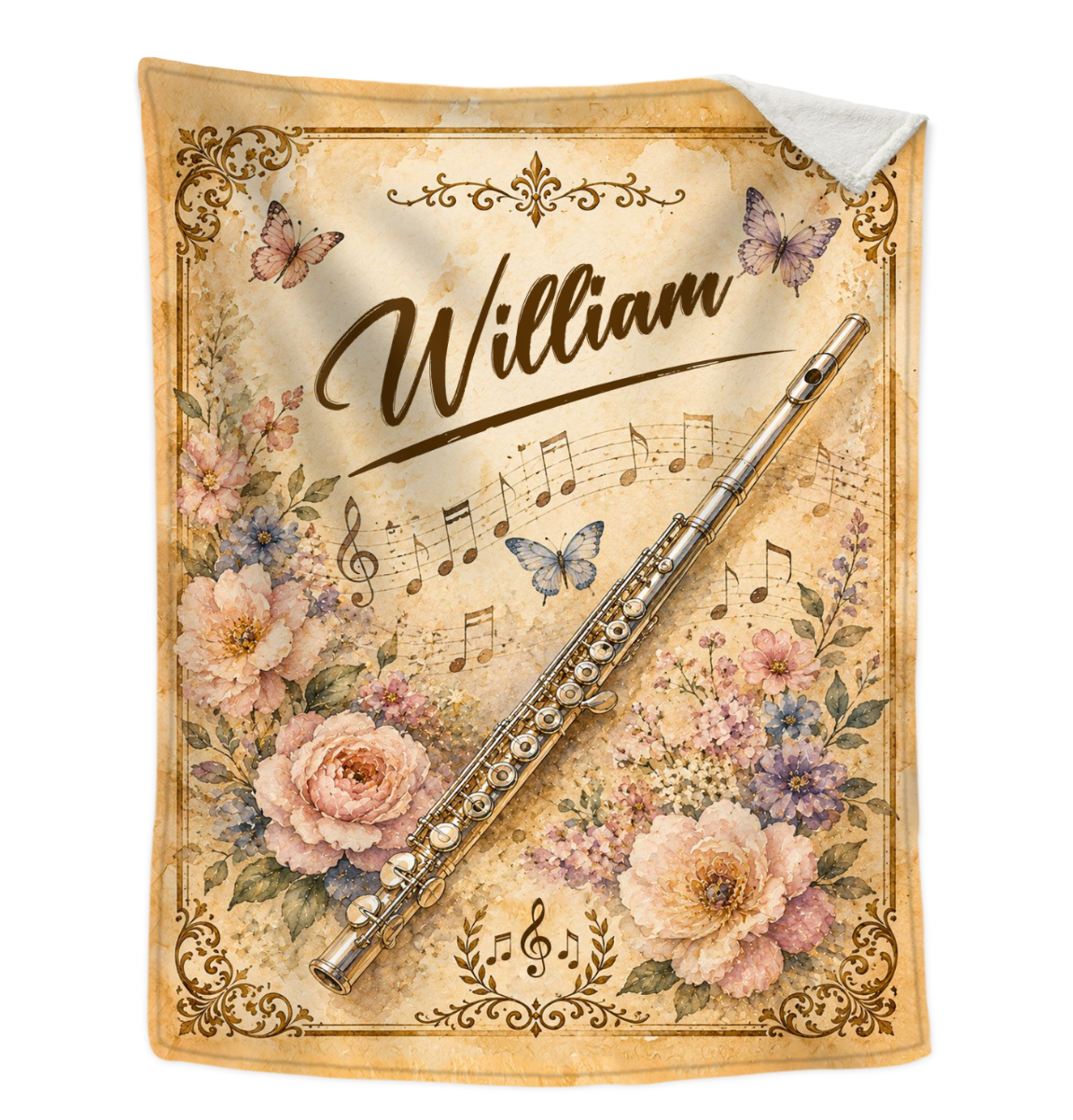 Personalized Flute Blanket, Custom Name Flute Player Gift, Floral Butterfly Vintage Music Decor, Flutist Cozy Sherpa Fleece Throw Blanket