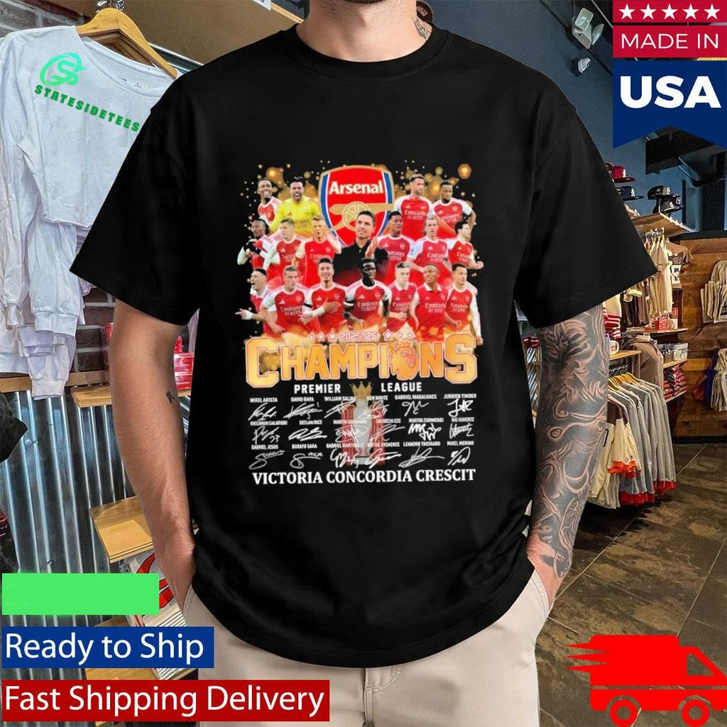 Arsenal Champions 2026 Victoria Concordia Crescit Signatures Shirt