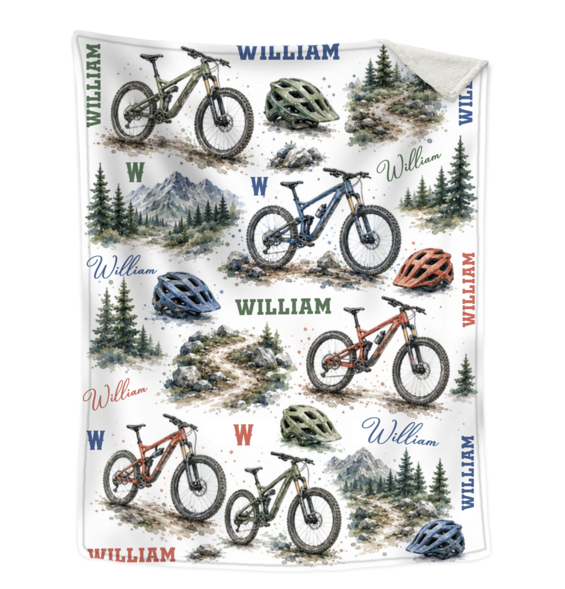 Personalized Mountain Bike Blanket, Custom Name MTB Blanket for Kids Boy Men, Watercolor Cycling Gift, Outdoor Biker Nursery Decor