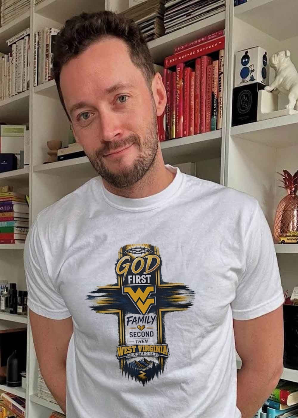 Faith and Sports Apparel. Show Your Support. God First Family Second Then West Virginia Mountaineers. West Virginia Mountaineers T-Shirt’