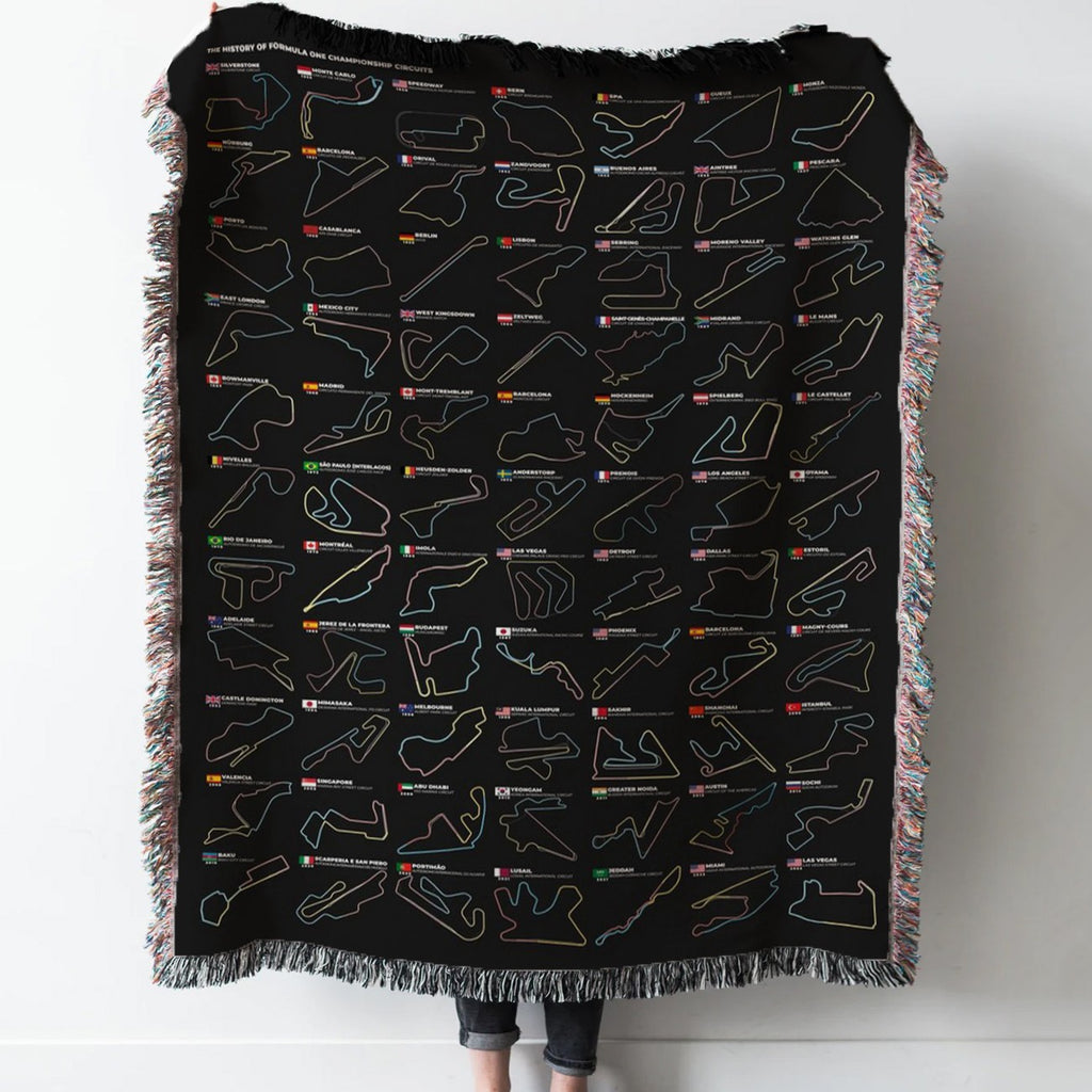 Formula 1 Circuit History Woven Tapestry Throw Blanket with Fringe