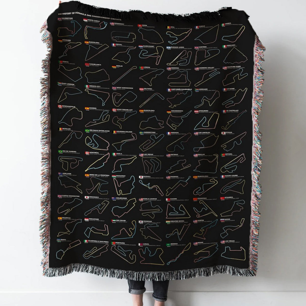Formula 1 Circuit History Woven Tapestry Throw Blanket with Fringe