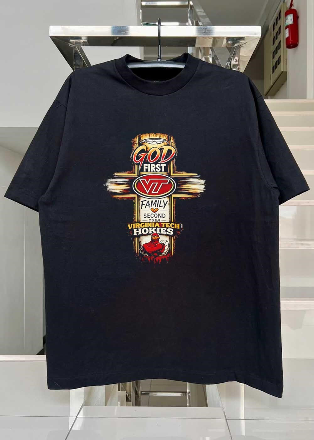 God First Family Second Tuen Virginia Tech Hokies VT Logo Cross T-Shirt