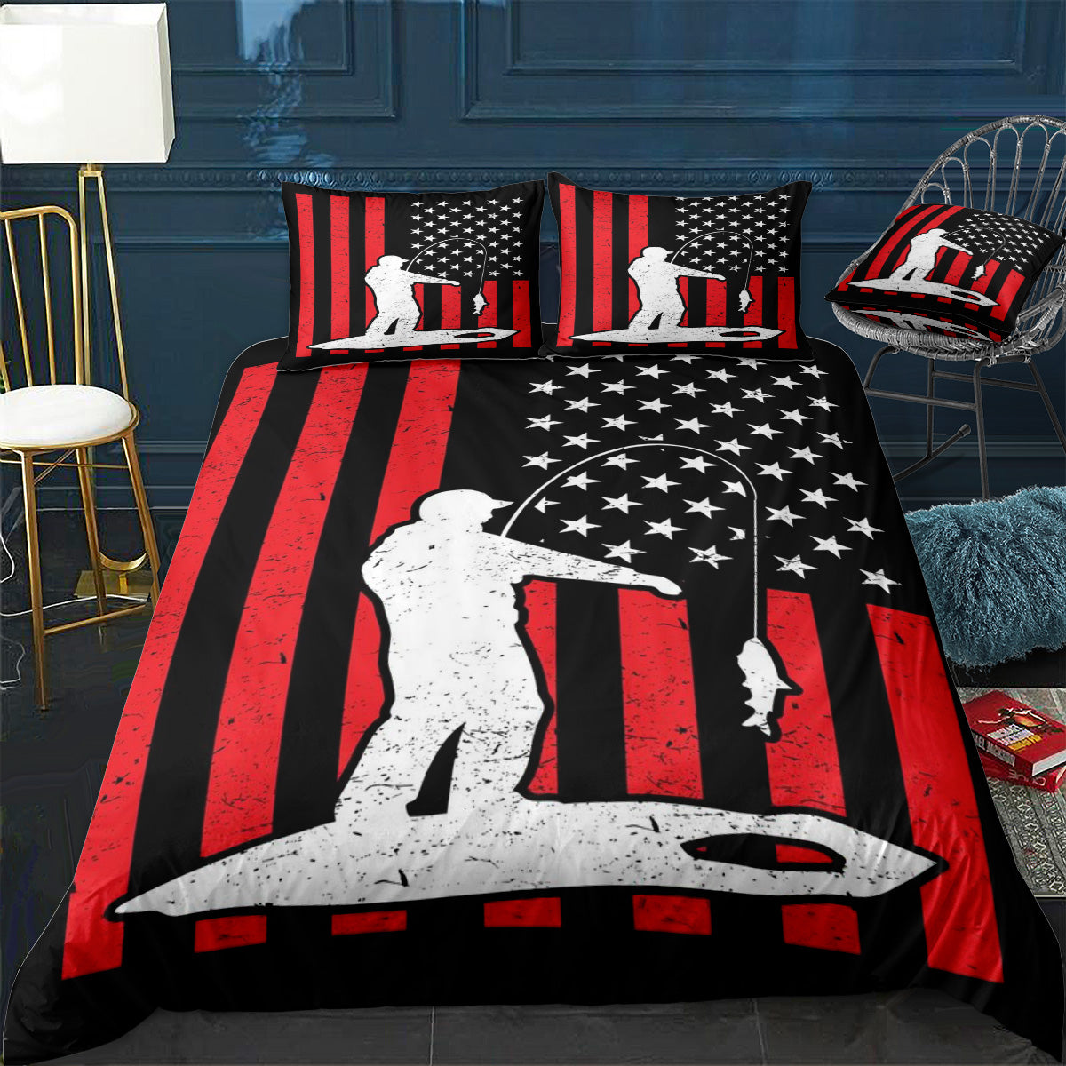 Ice fishing American flag Bedding Set (Duvet Cover & Pillow Shams)