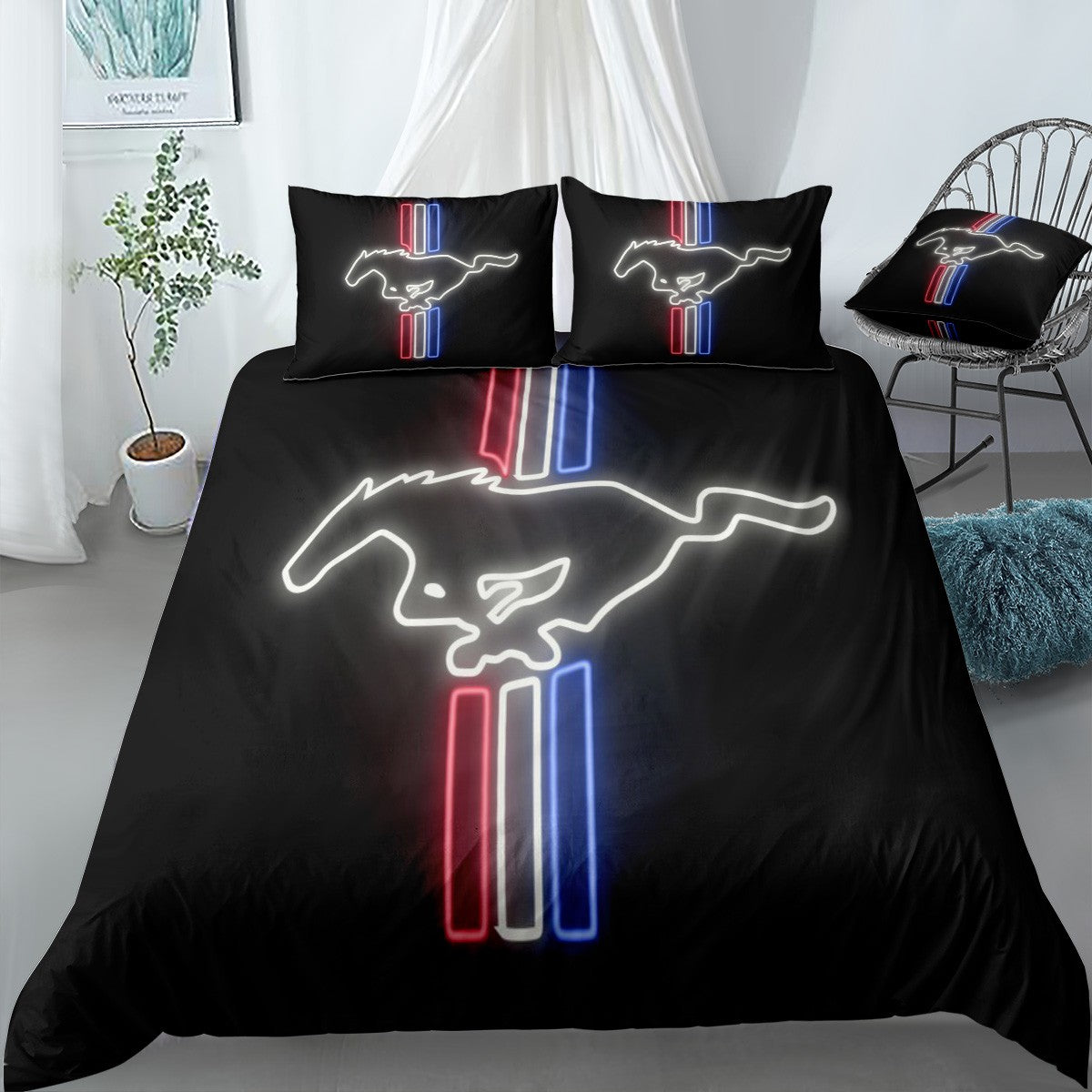 Mustang Neon Sign Bedding Set (Duvet Cover & Pillow Shams)