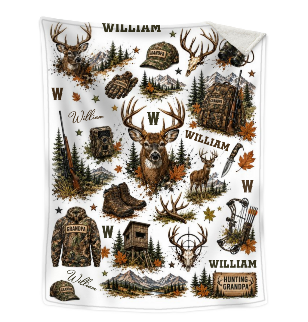 Personalized Hunting Grandpa Blanket, Custom Deer Hunting Throw, Grandpa Hunter Gift, Camo Cabin Decor, Grandpa Christmas Gift