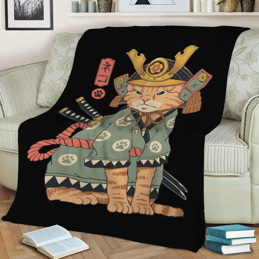 Neko Samurai Fleece Throw Blanket