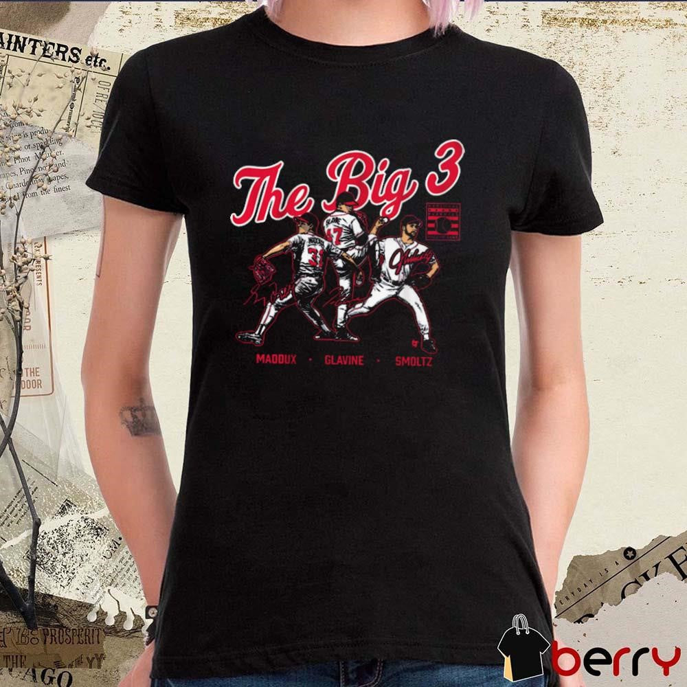 Atlanta Braves Greg Maddux, Tom Glavine and John Smoltz The Big 3 National Baseball Hall Of Fame 2025 Signatures t-shirt