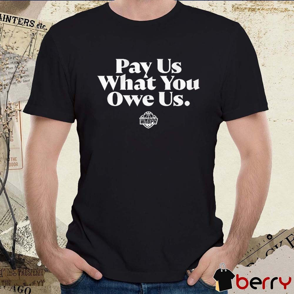 Caitlin Clark WNBPA All-Stars wearing Pay Us What You Owe Us 2025 t-shirt