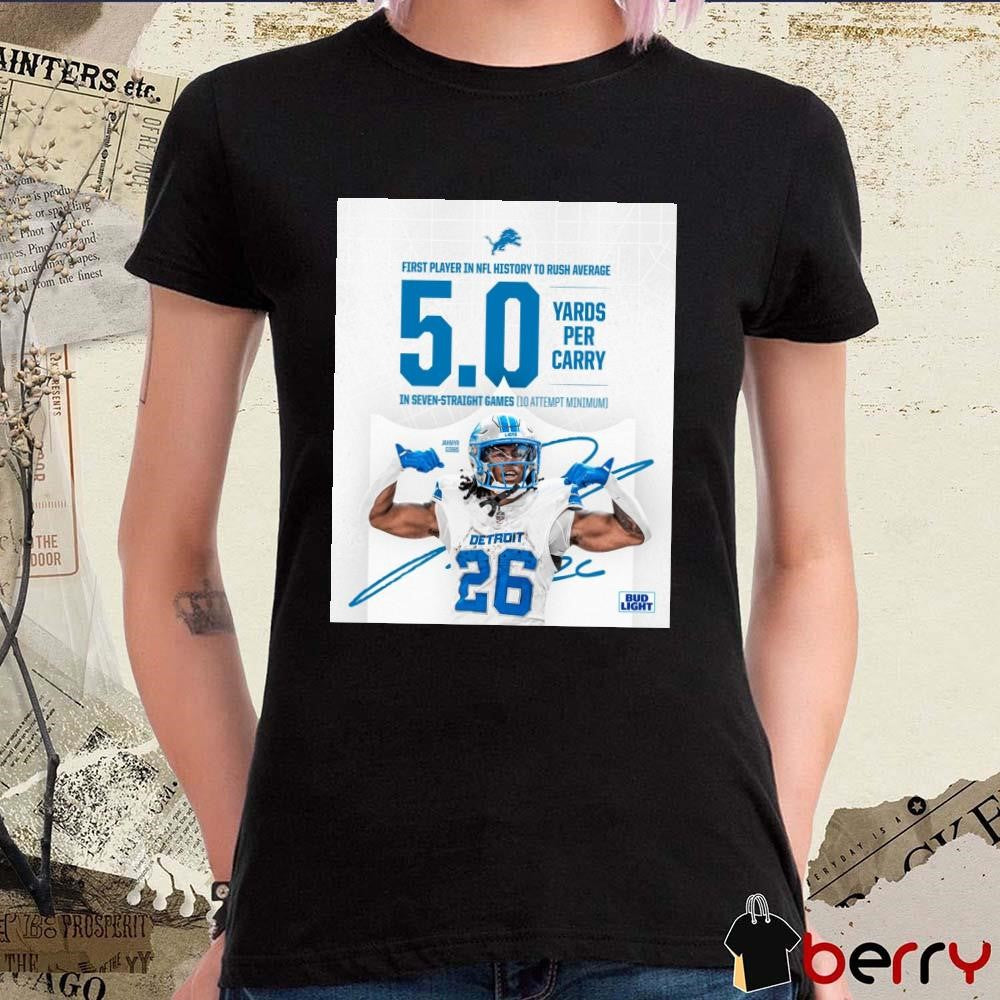 First player In NFL history to rush average Jahmyr Gibbs 5.0+ yards per carry in seven-straight games signature Poster t-shirt