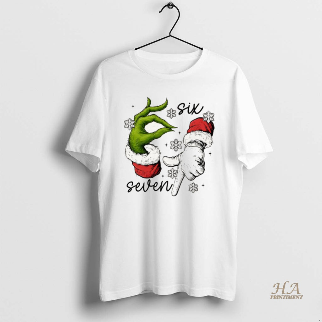 Official Grinch And Santa Claus Hand Trending Six Seven Meme Merry Christmas