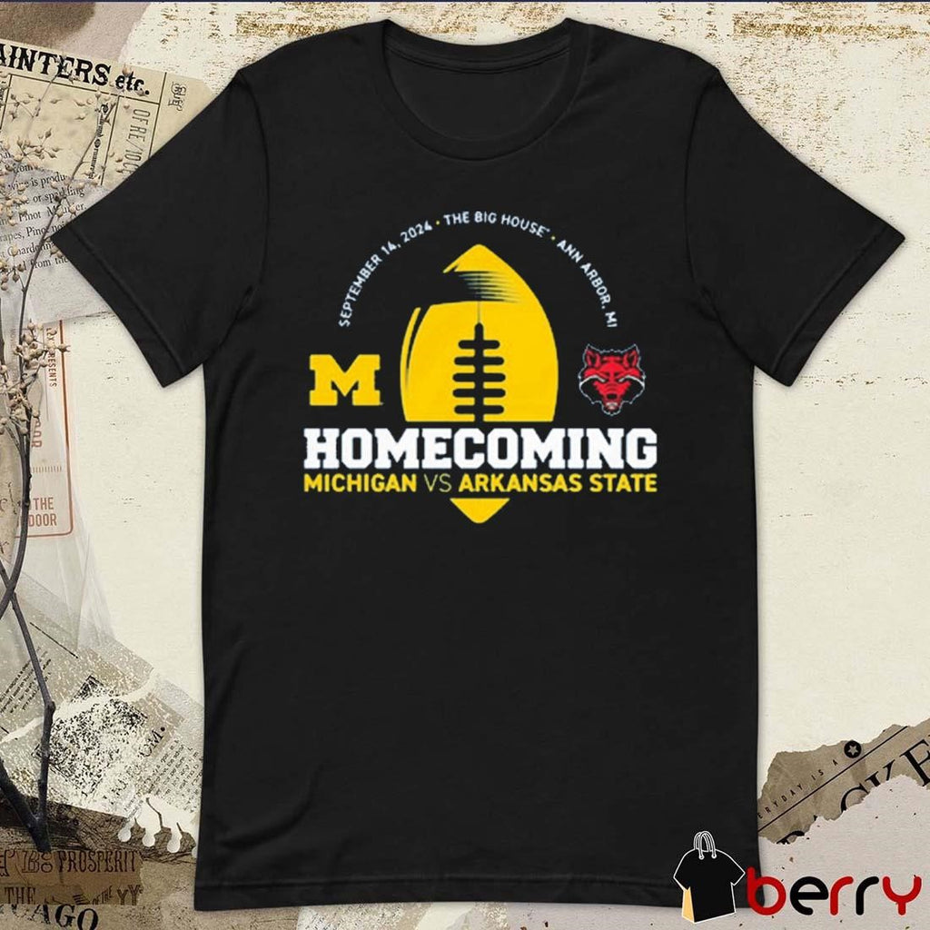 Michigan Wolverines Vs Arkansas State Valiant Blue 2024 Homecoming Gameday Sep 16 2024 t-shirt
