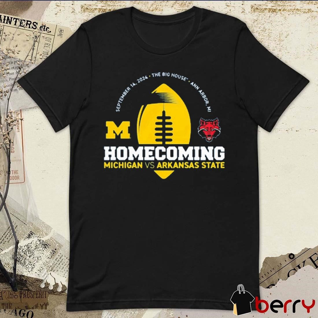 Michigan Wolverines Vs Arkansas State Valiant Blue 2024 Homecoming Gameday Sep 16 2024 t-shirt