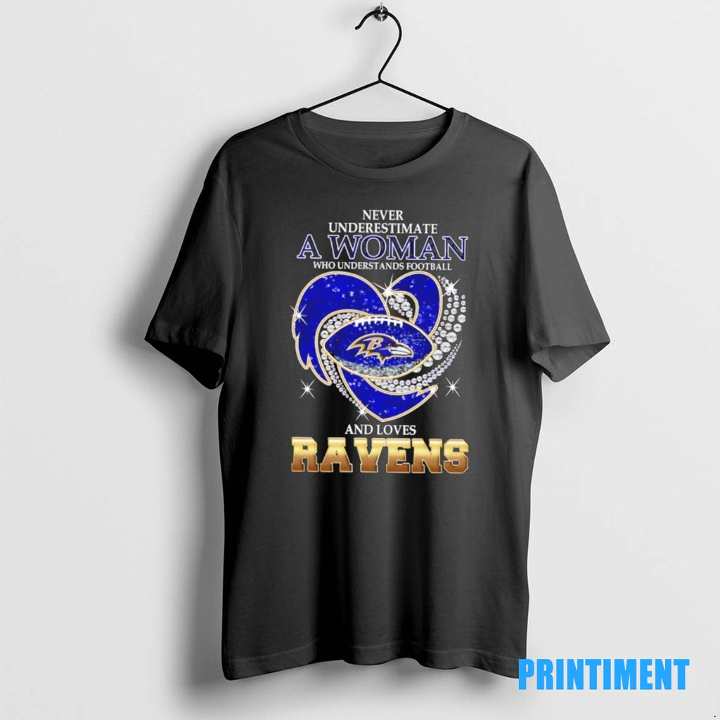 Official Never Underestimate A Woman Who Understands Football And Loves Baltimore Ravens Football Heart Tee