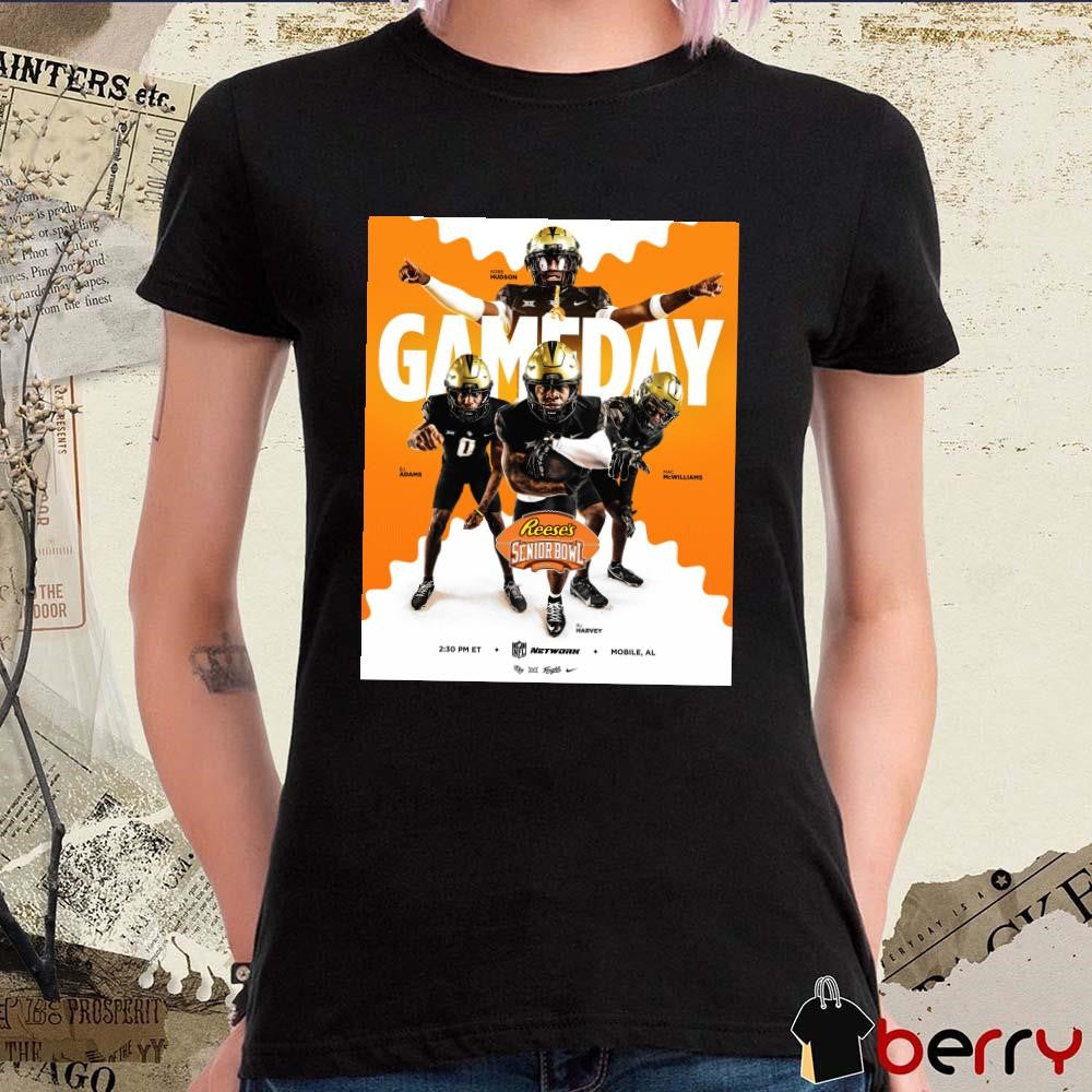 Poster UCF Knights football Game Day Kobe Hudson BJ Adams Mac McWilliams RJ Harvey 2025 Reese’s Senior Bowl Mobile AL t-shirt