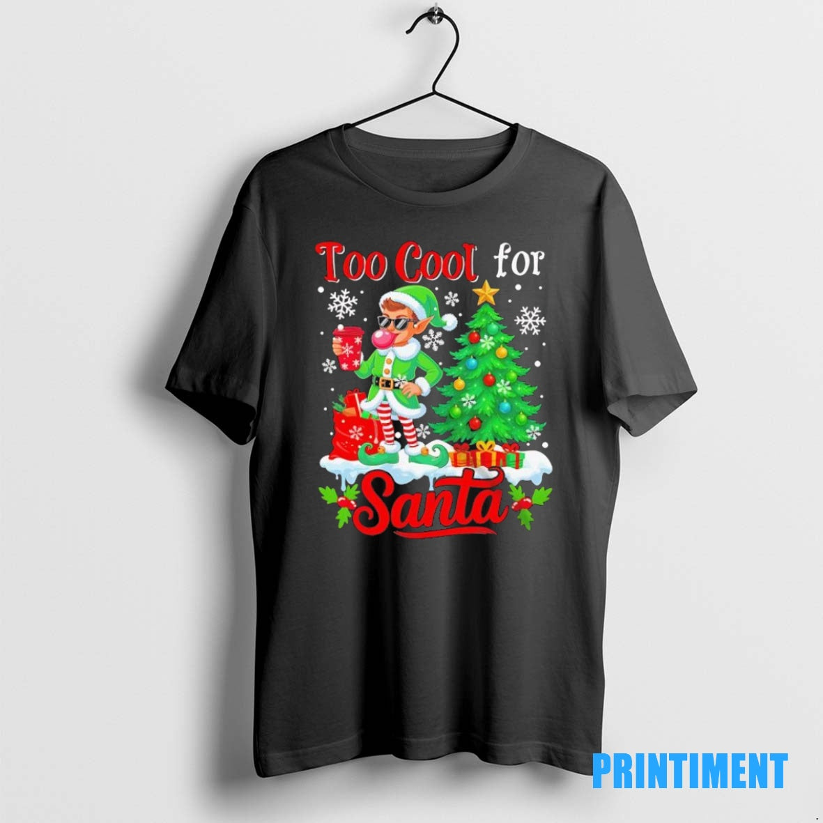Official Too Cool For Santa Merry Christmas Elf Sunglasses Drink Coffee Black Tee Sweater