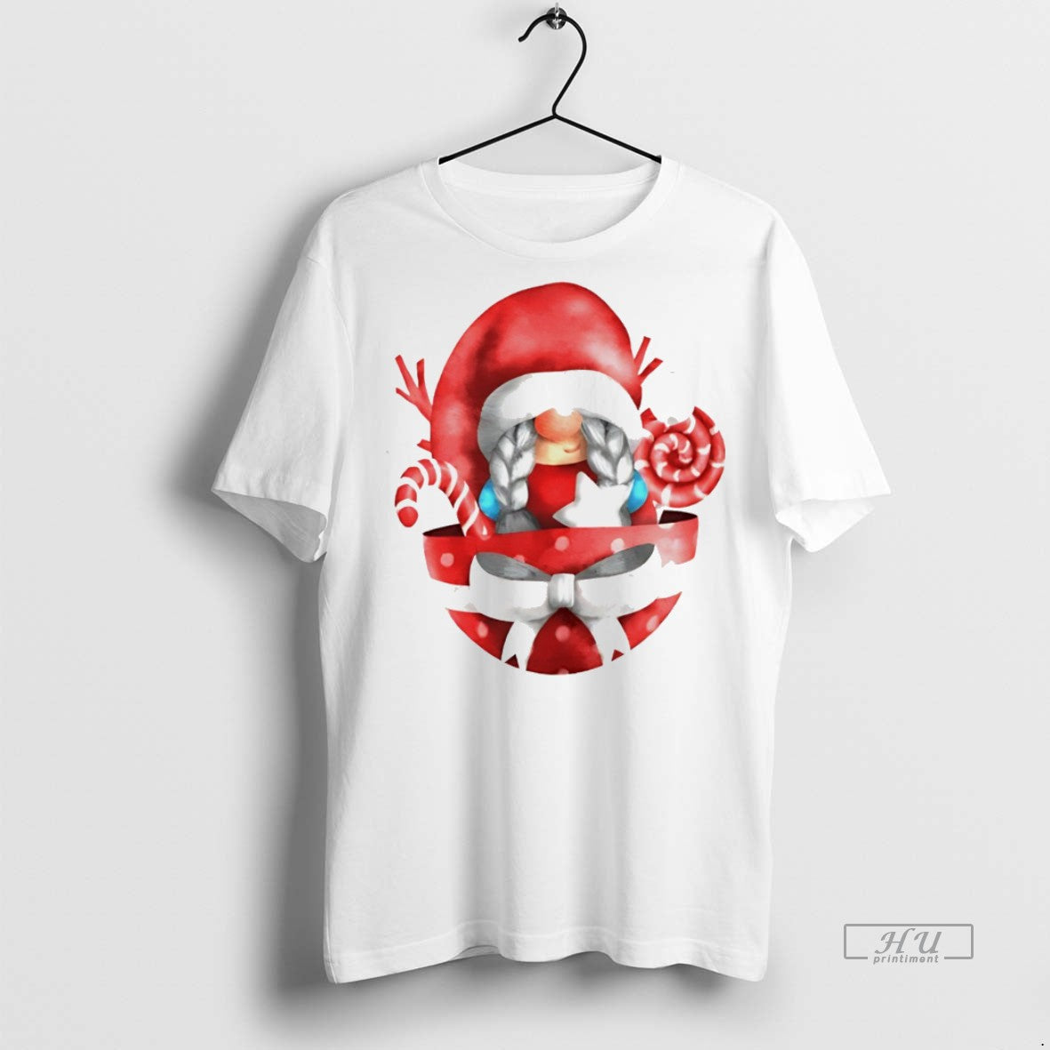 Officials Cute Gnome Girl In Gift Box Candy Cane Bow Christmas White Graphic
