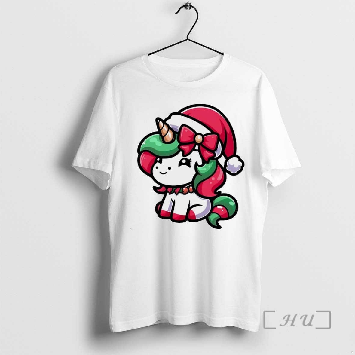 Officials Cute Santa Unicorn Red Bow Christmas White