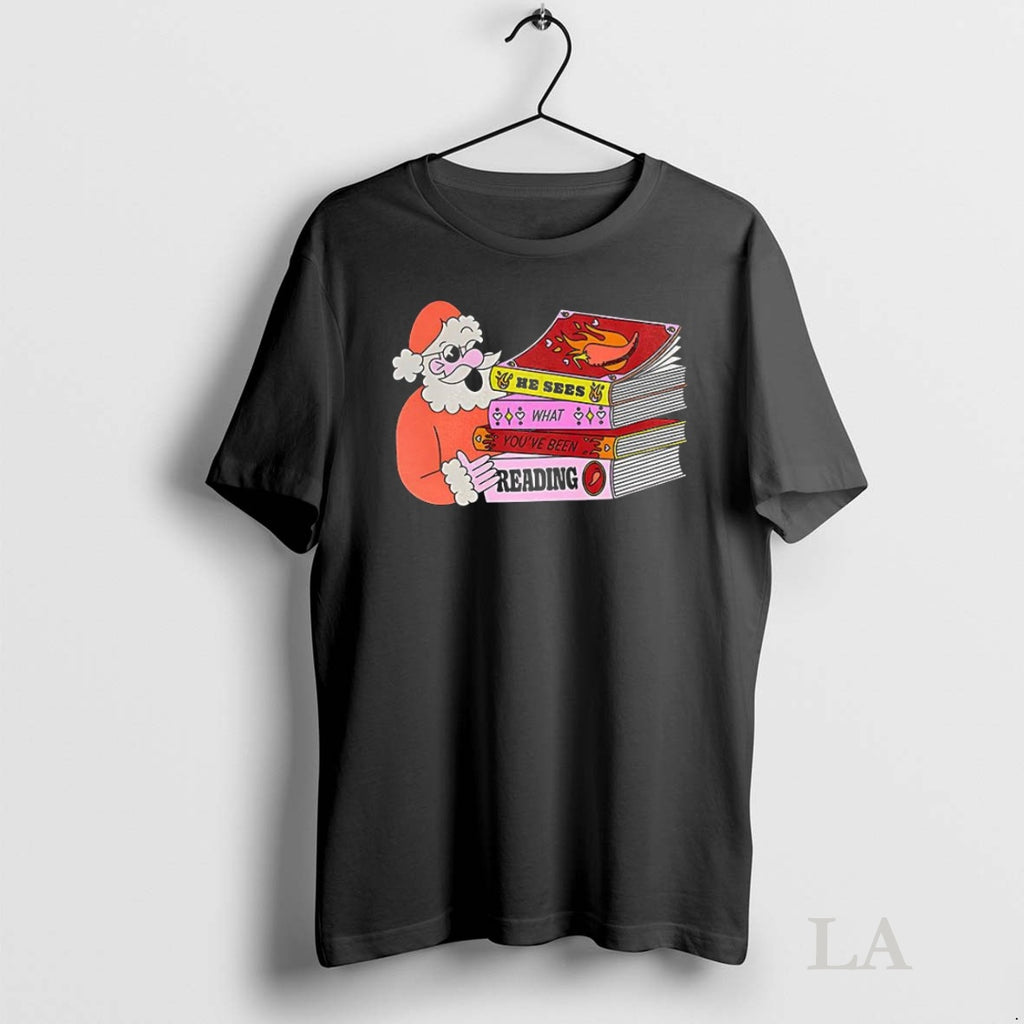 Original Santa He Sees What Youve Been Reading Christmas Tee Sweater