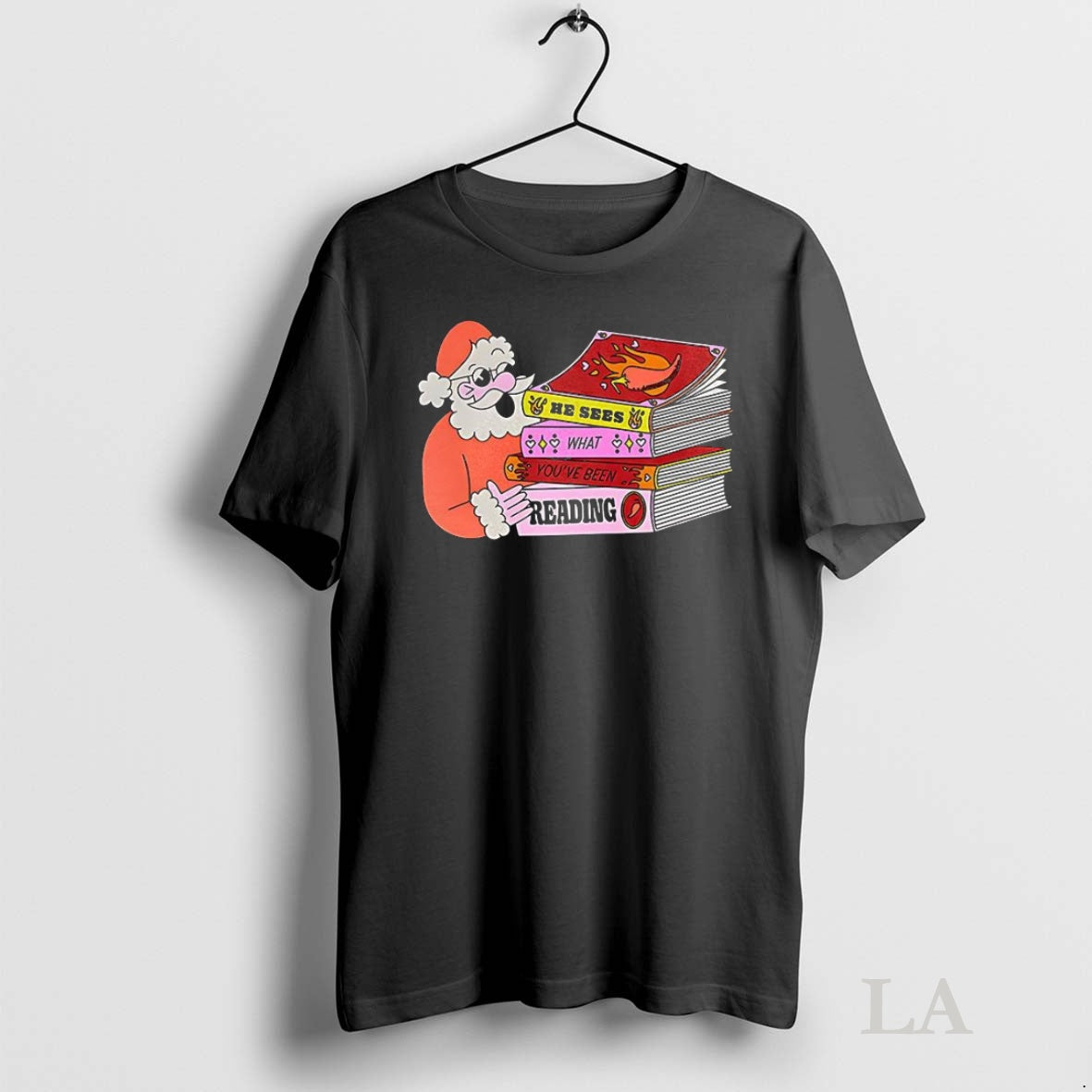 Original Santa He Sees What Youve Been Reading Christmas Tee Sweater